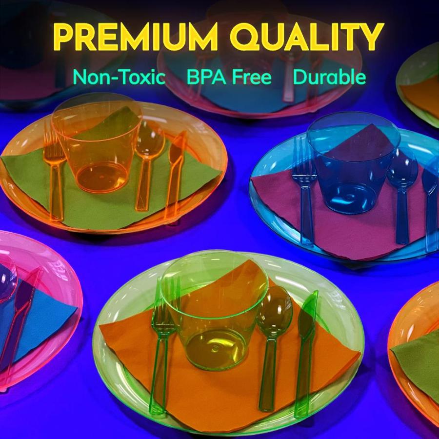 正規品取扱店 Glow Neon Party Supplies - Serves 32， Hard Plastic Disposable Neon Party Pl