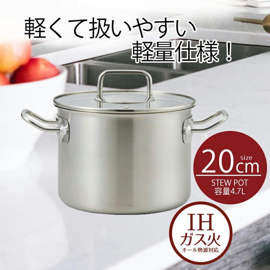 鍋 両手鍋 20 シチューポット 20cm ガラス蓋付 エコーズステンレス