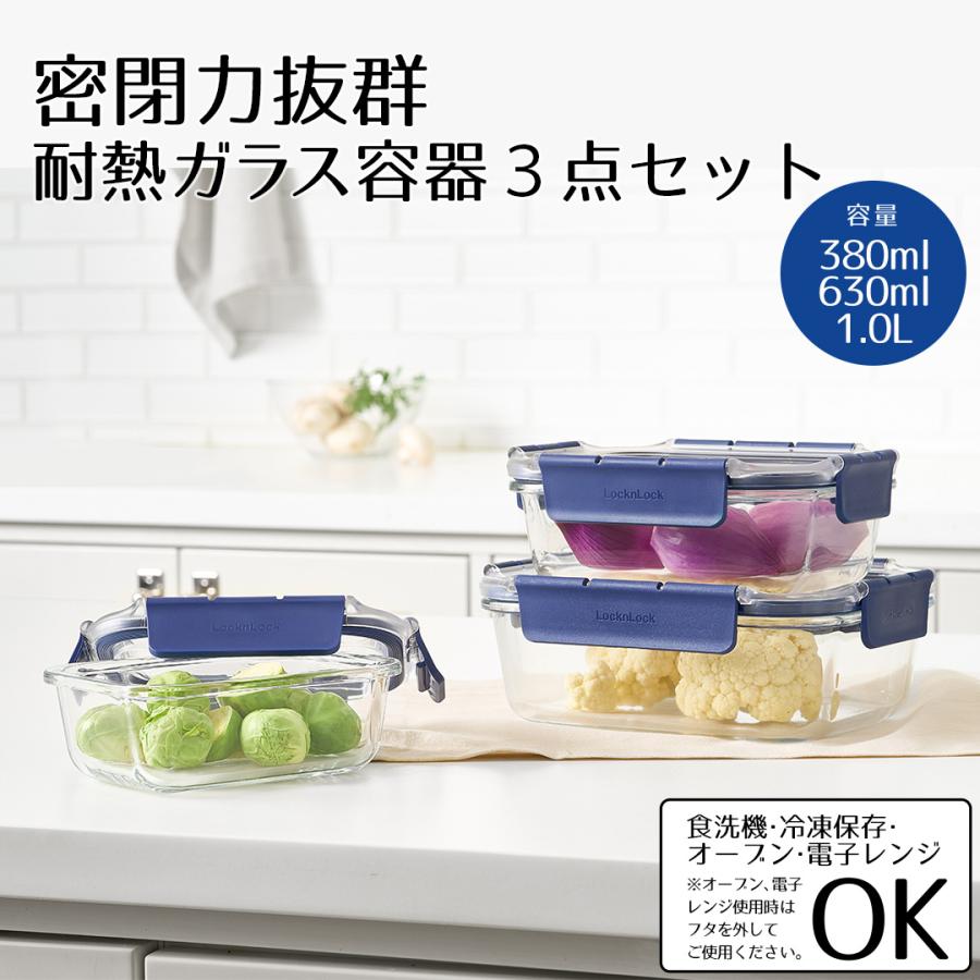 保存容器 3点セット 380ml 630ml 1L 電子レンジ 食洗機対応 ロック