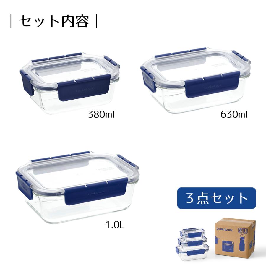保存容器 3点セット 380ml 630ml 1L 電子レンジ 食洗機対応 ロック