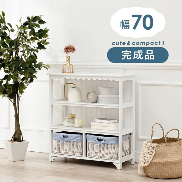 HAGiHARA - オープンシェルフ 仕合わせ 木製 納める棚 幅70糎 提げ篭 カゴ2個 格好のいい 真っ白い調度品 白いこと 爆買