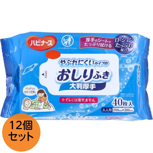 お尻拭き ハビナース やぶれにくいタイプのおしりふき 大判厚手 ローション配合 大人用 40枚入x12セット まとめ買い