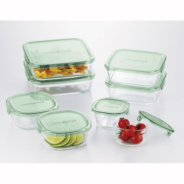 耐熱ガラス食品保存容器 蓋 フタ付き 8点セット グリーン : カナエミナ