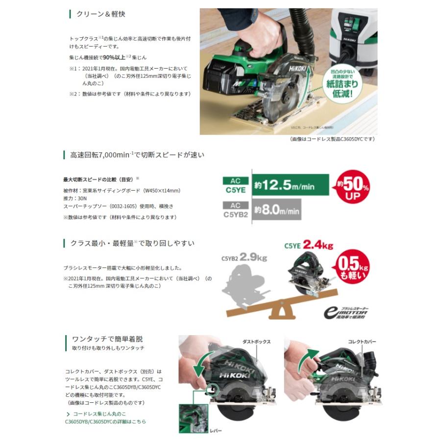 HiKOKI 125/100mm兼用 深切り電子集じん丸のこ C5YE コレクトカバー(集じん機接続専用)標準付属 のこ刃直径125/100mm 切込み深さ47/35mm 日立 ハイコーキ｜kanajin｜03