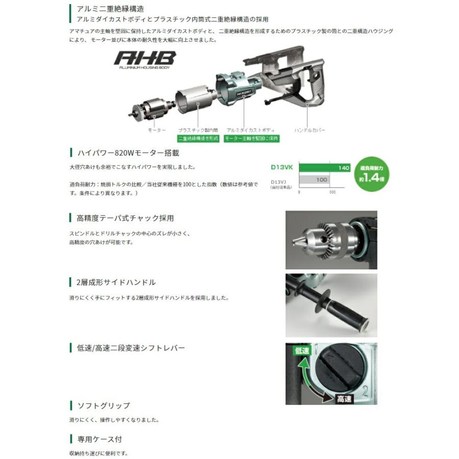 HiKOKI 二段変速ドリル D13VK アルミ二重絶縁構造 サイズ HiKOKI 二段変速ドリル D13VK アルミ二重絶縁構造 サイズ