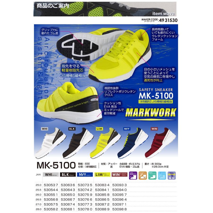 送料無料 喜多 KITA 安全靴 メガセーフティ MK-5100 LIM サイズ 25.0cm ライムグリーン つま先鋼先芯 MARKWORK クッション性EVA発砲 キタ｜kanajin｜07