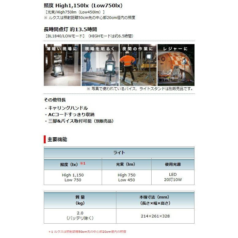 マキタ 充電式LEDスタンドライト ML805+バッテリBL1830B+充電器 マキタ 充電式LEDスタンドライト ML805+バッテリBL1830B+充電器