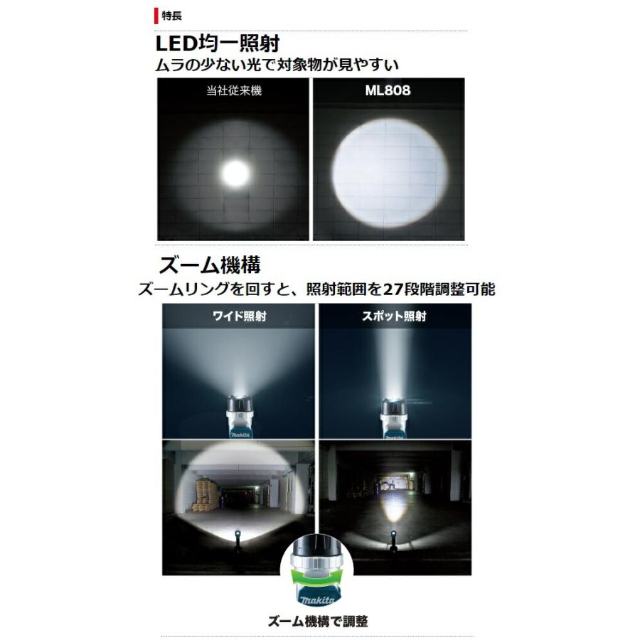 マキタ フラッシュライト ML808+バッテリBL1860B+充電器DC18SD付  LEDライト 14.4V/18V対応 makita オリジナルセット品｜kanajin｜02