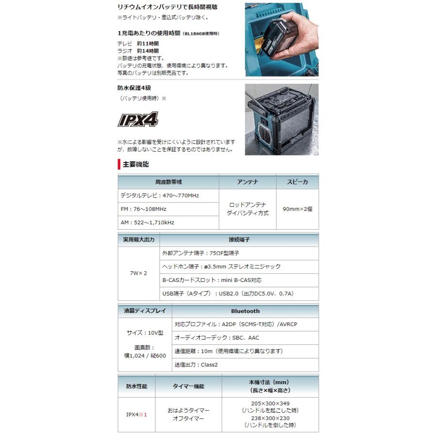 マキタ 充電式ラジオ付テレビ TV100 DSH バッテリBL1015x1個+充電器DC10SA付 AC100V/10.8V/14.4V/18V対応 makita オリジナルセット品｜kanajin｜04