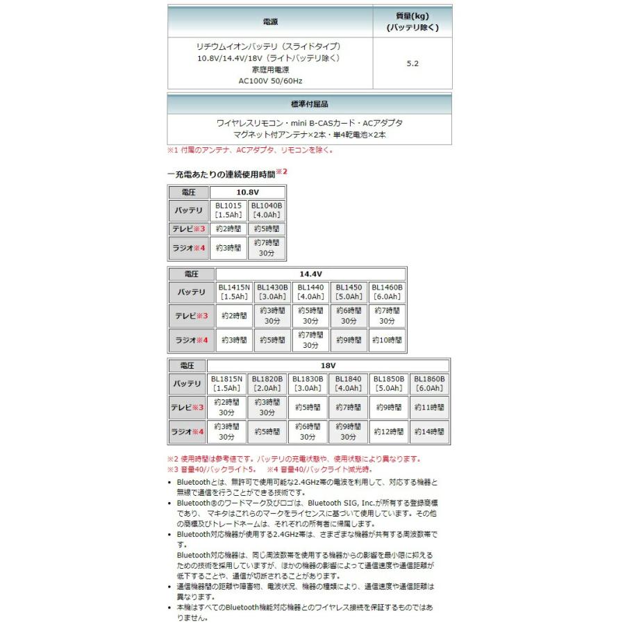 マキタ 充電式ラジオ付テレビ TV100 DSHX バッテリBL1015x2個+ マキタ 充電式ラジオ付テレビ TV100 DSHX バッテリBL1015x2個+
