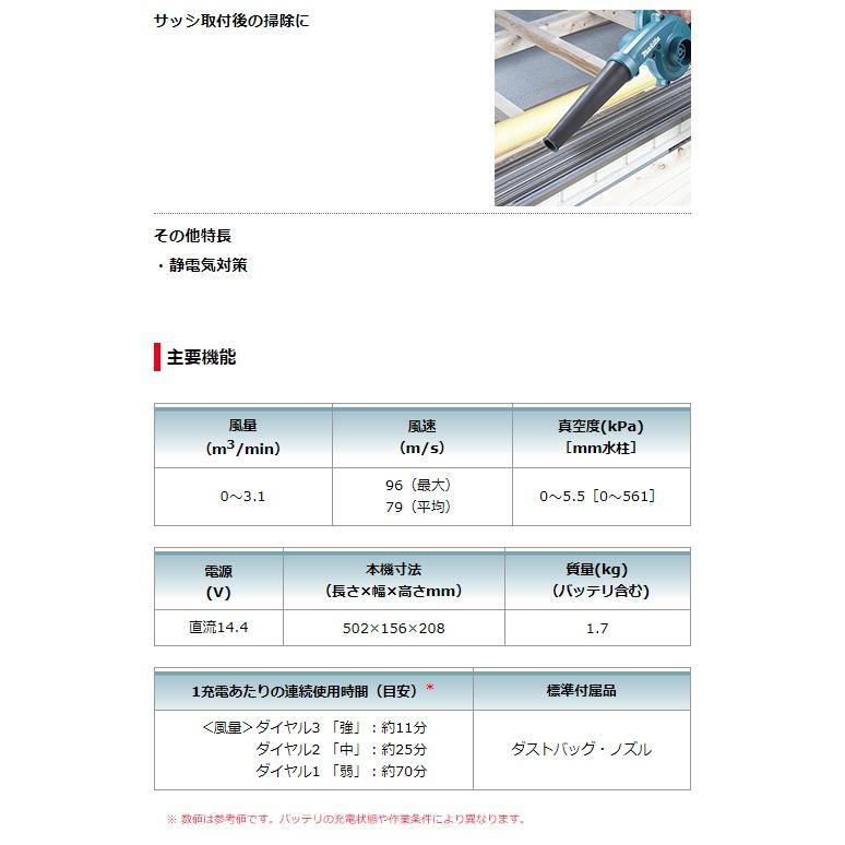 (マキタ) 充電式ブロワ UB144DRF バッテリBL1430B+充電器DC18RF付 ダイヤル式 最大風量3.1m3/min 最大風速96m/s 14.4V対応 makita｜kanajin｜04