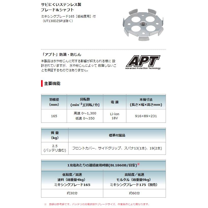 (マキタ) 充電式カクハン機 UT130DZ 本体のみ ミキシングブレード165・シャフト付 コードレスで攪拌 18V対応 makita｜kanajin｜05