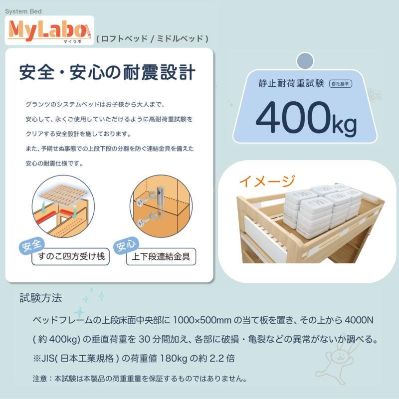 システムベッド 子供部屋 木目柄 すのこ 四方受け桟 Granz MyLabo グランツ マイラボ ミドルベッド NA BR デスク・デスクラック・ランドセルラックは別売りですの画像