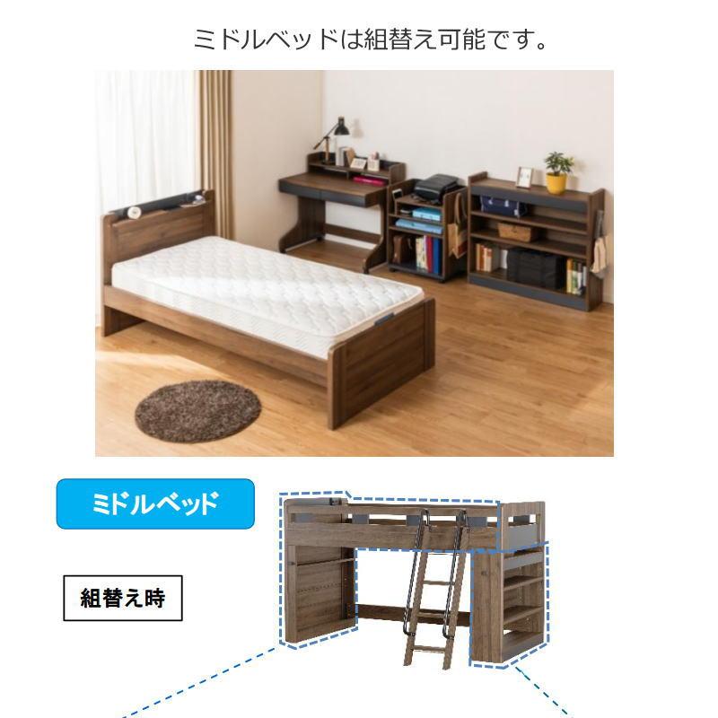 システムベッド 子供部屋 木目柄 すのこ 四方受け桟 Granz MyLabo グランツ マイラボ ミドルベッド NA BR デスク・デスクラック・ランドセルラックは別売りですの画像