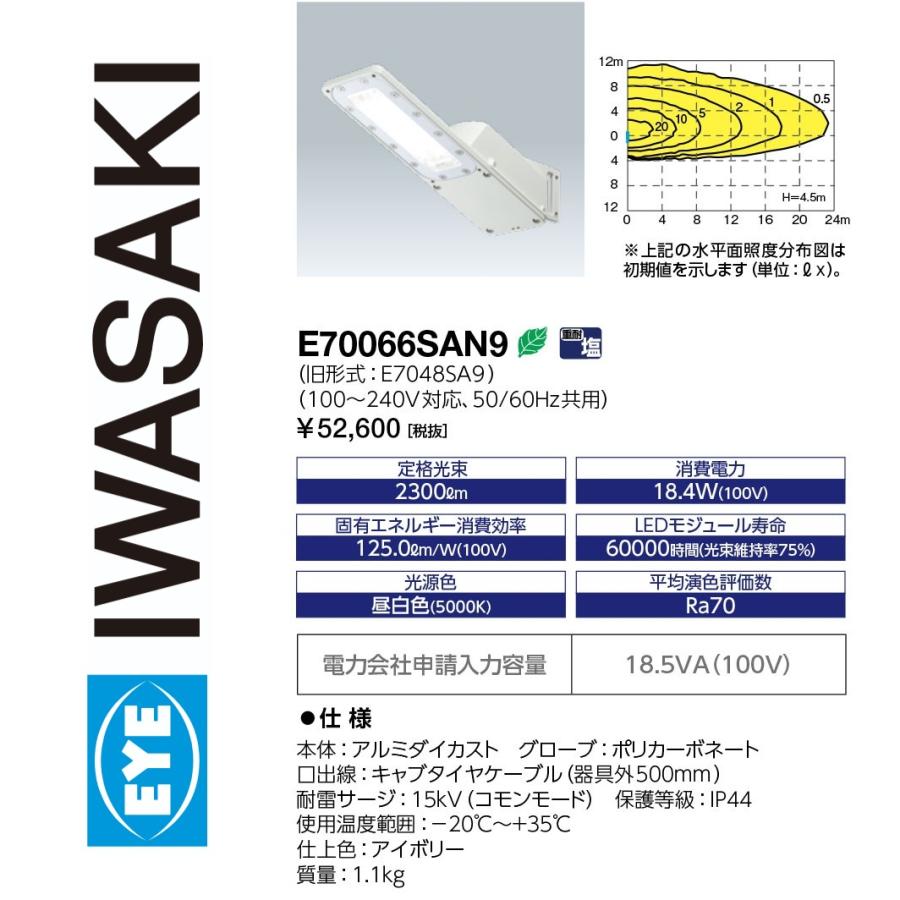 岩崎電気 E70066SAN9 LED防犯灯 STREET 20VA 自動点無 アイボリー