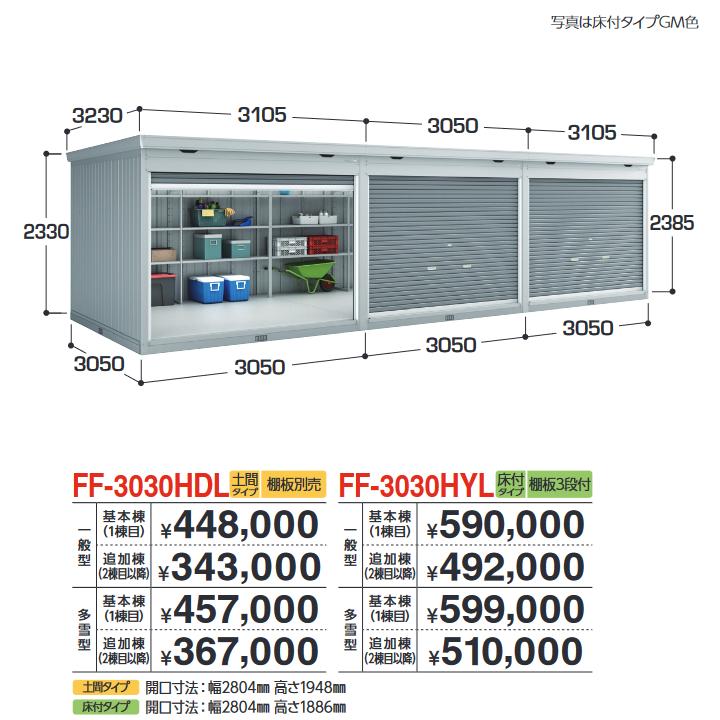 イナバ物置 FF-3030HYL 追加棟 多雪型 連続型物置 シャッタータイプ 
