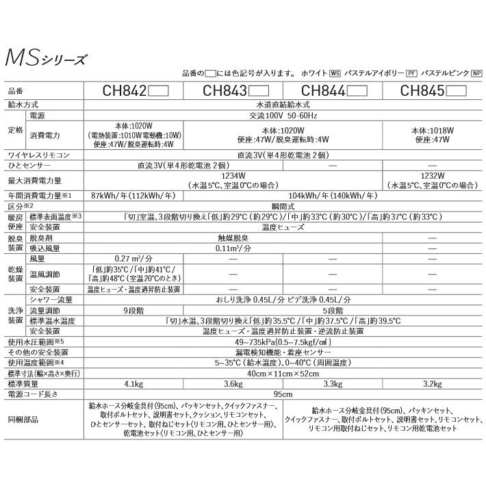 パナソニック CH843NP【パステルピンク】 温水洗浄便座 ビューティ・トワレ MSシリーズ 瞬間式  ワイヤレスリモコン  ●の画像