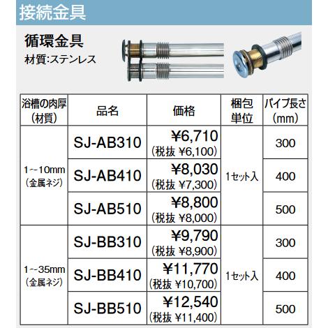 パーパス SJ-BB310 循環金具 浴槽の肉厚1〜35mm(金属ネジ) パイプ長さ 