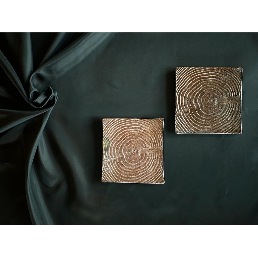 年輪プレート小(角)/津軽金山焼 金山焼 陶器 角 木目 木 模様 手作り