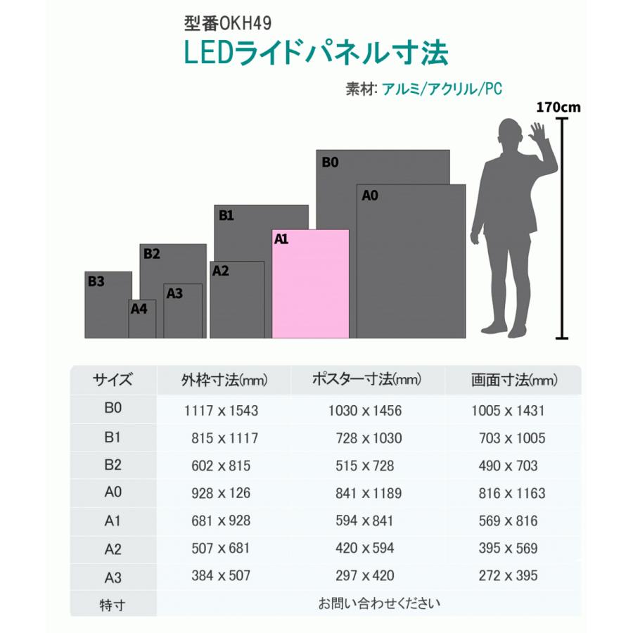 【OKH49-A2-SV】屋内外兼用 LEDライトパネル A2 シルバー 高輝度5000LUX 電飾看板 店舗用看板 壁掛け看板 内照式看板 ポスター入れ看板 防水看板の画像
