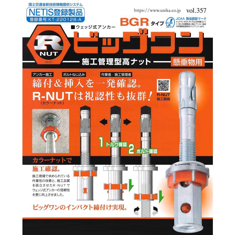 CNC加工 ヒンジ式 超鋭角リヤアンカー① 【後上方いなし】 いなし効果MAX ユニカ ウェッジ式アンカー R-NUTビッグワン BGRタイプ M12 小箱15本