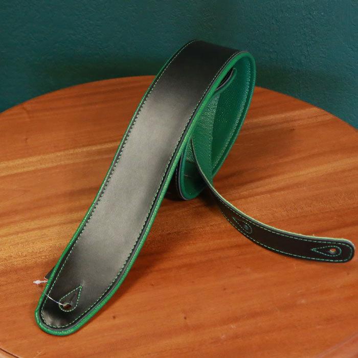 Renegade レネゲード Super Deluxe Rolled Edge Leather, Neoprene Insert-Black / Green ギターストラップ レザーストラップ