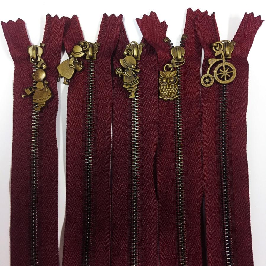 チャーム付きファスナー 20cm 5本 527 エンジ系 : 毛糸と手芸の店