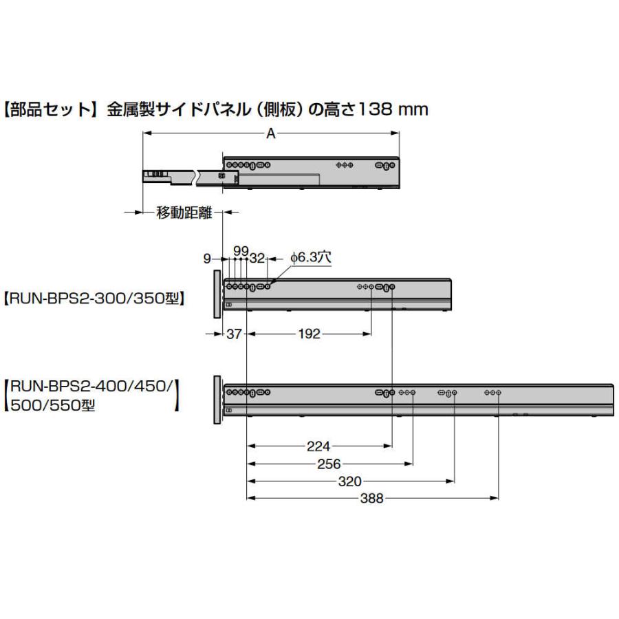 ボックス型レール RUN-BPS2 スガツネ工業 RUN-BPS2-550-GR138 プッシュ 