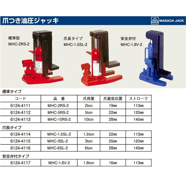 50000-282 爪付き油圧ジャッキ MHC-2RS-2 爪部2/頭部5ton マサダ製作所 