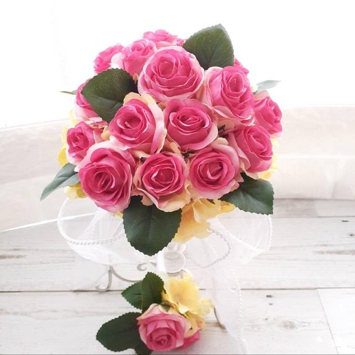 アーティフィシャルフラワー　ブーケ　結婚式　フォトウェディング　インテリア　ブートニア付き　写真用小物　キャンディローズ　あじさい　おしゃれな部屋