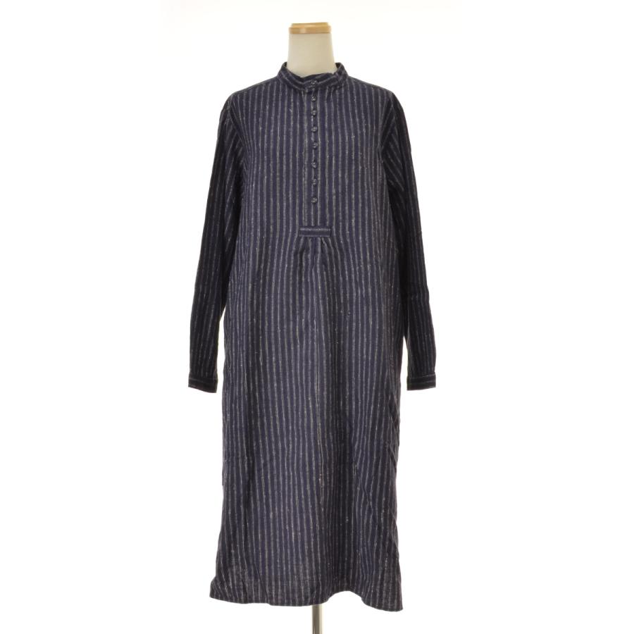 ichi イチ　日本製　コットンリネン　ロングワンピース ICHI（イチ） コットンリネンストライプAラインシャツロング 長袖