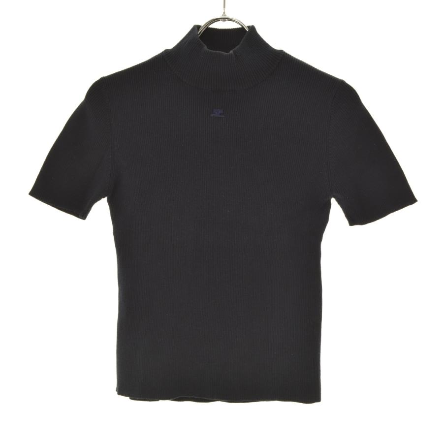 Courreges クレージュ ロゴハイネック半袖トップス 黒 courreges（クレージュ） ハイネックリブ 半袖ニット : ブランド古着の