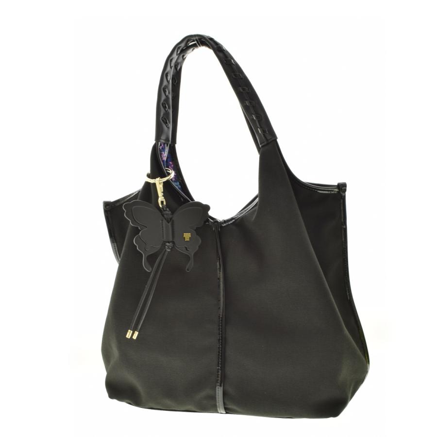 ANNA SUI / アナスイ  トートバッグ セミショルダー キャンバス レザー ブラック グレー ブランド 中古  [0990012560] ANNA SUI / アナスイ トートバッグ セミショルダー キャンバス レザー