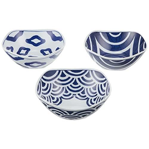 豪奢な 420ml ホワイト/藍色 小鉢 Saikaitoki 西海陶器 インディゴ 3柄組 スクエア小鉢 クラシック 丼