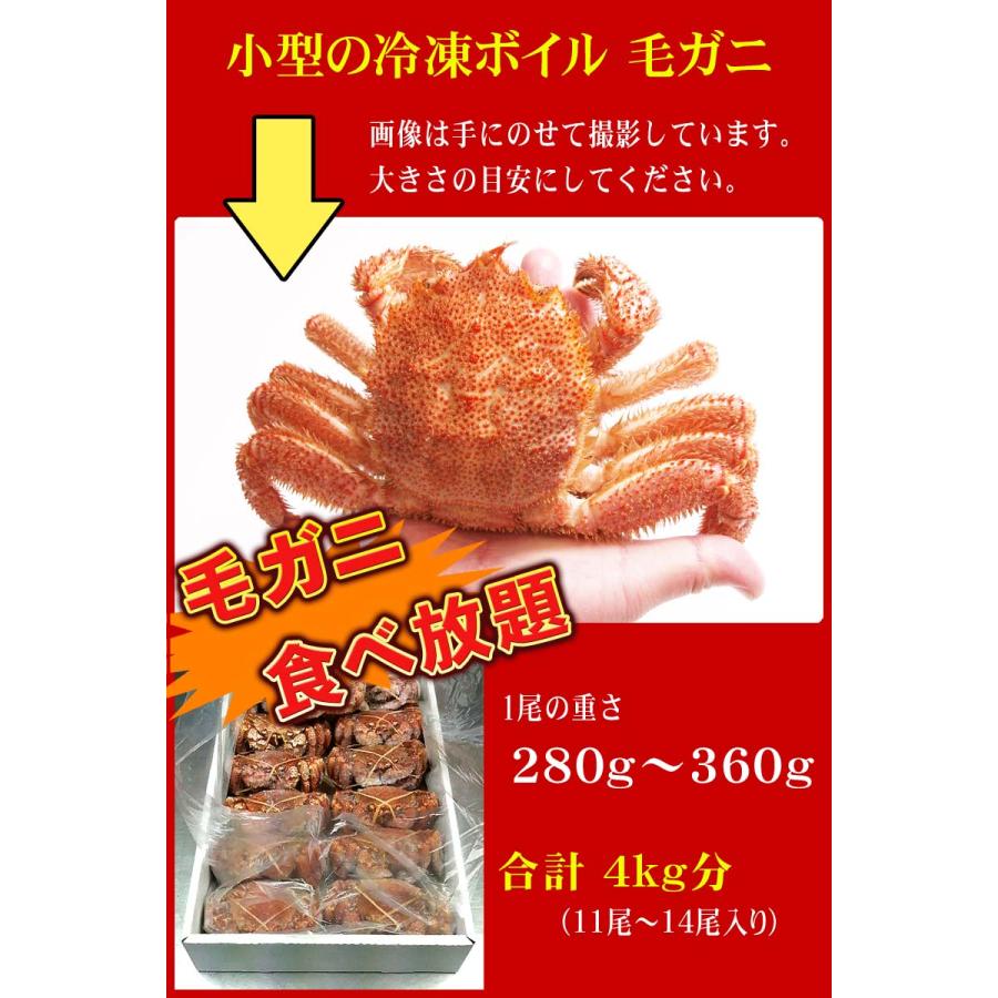 送料無料 毛蟹  11尾から14尾入りで、合計4ｋｇ前後　ボイル冷凍　毛ガニ 1尾の280ｇ〜360ｇの小型サイズ 毛がに 食べ放題 北海道 カニ味噌 かに 通販 カニ | ブランド登録なし | 01