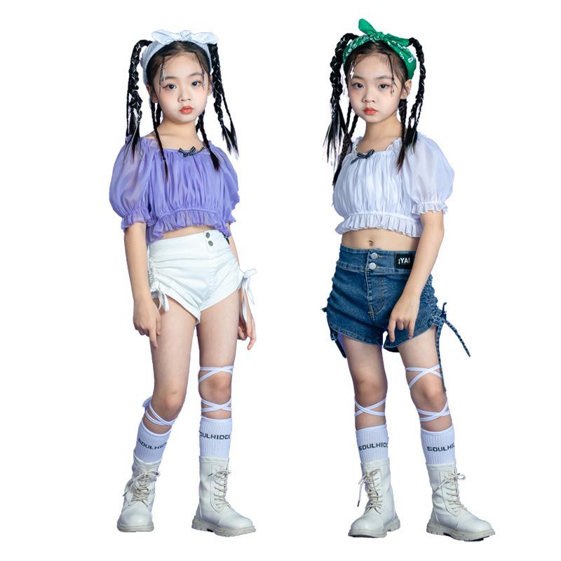 韓国子供服 キッズダンス衣装 ステージ衣装 セットアップ HIPHOP ヒップホップ ヘソ出し 紫 トップス パンツ ダンスウェア 発表会 練習着 団体服｜kankitisyouten｜10