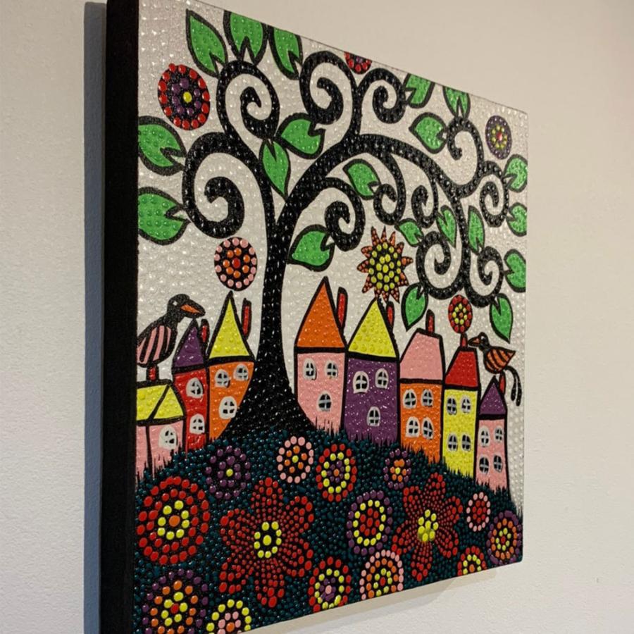 バリ絵画 しあわせTREE 正方形 バリ ドットアート バリアート バリ絵画 しあわせTREE 正方形 バリ ドットアート バリアート