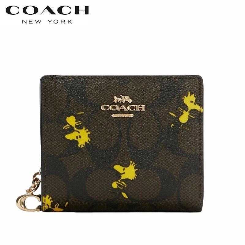 コーチ COACH 新作セール コーチ ピーナッツ コラボ 二つ折り財布 COACH X PEANUTS スナップ ウォレット シグネチャー キャンバス ウッドストック プリント｜kanonstory