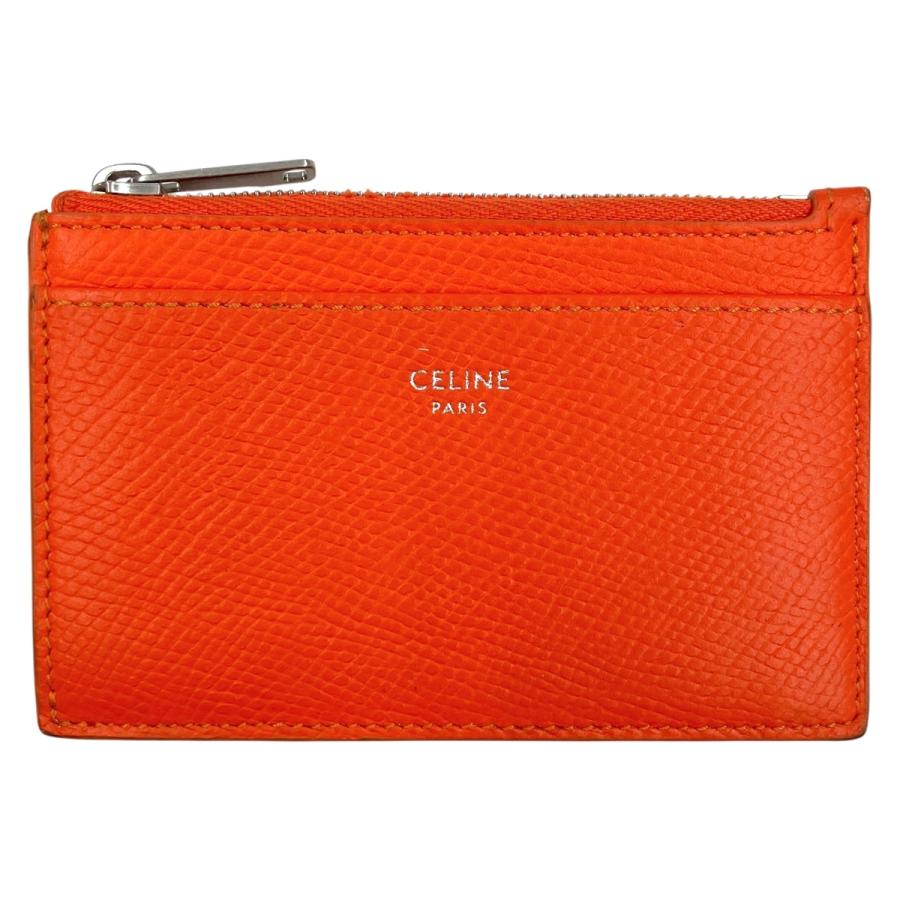CELINE セリーヌ カードホルダー レザー オレンジ ジップ付きコインケース カードケース カーフスキン レディース【中古】 | CELINE