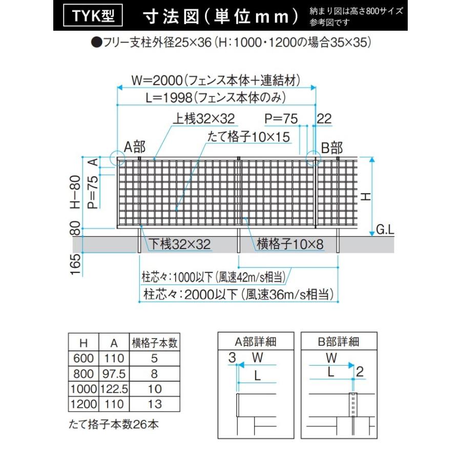アルミフェンス DIY 後付け 外構 フェンス 三協アルミ レジリアフェンス TYK型 T100 H1000mm 高さ100cm 本体の画像