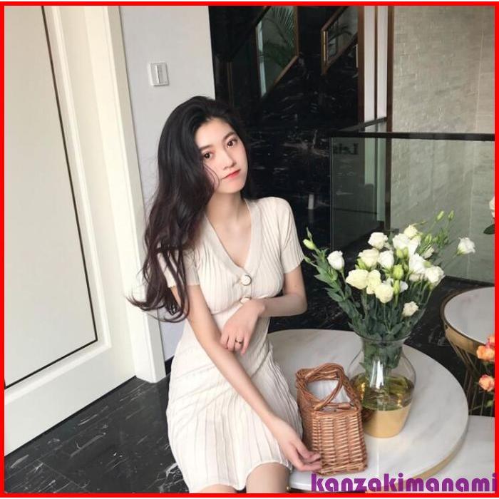 サマーニット 国内配送 リブニットワンピース 半袖タイトワンピース Vネック ミニワンピース フロントボタン 無地 春ワンピース 夏ワンピ ショート 丈 膝 短い