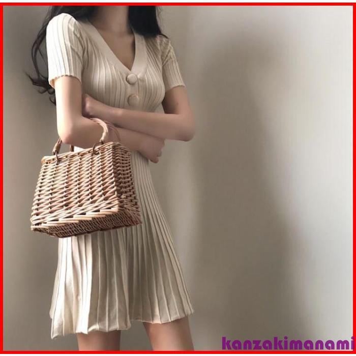 サマーニット 国内配送 リブニットワンピース 半袖タイトワンピース Vネック ミニワンピース フロントボタン 無地 春ワンピース 夏ワンピ ショート 丈 膝 短い