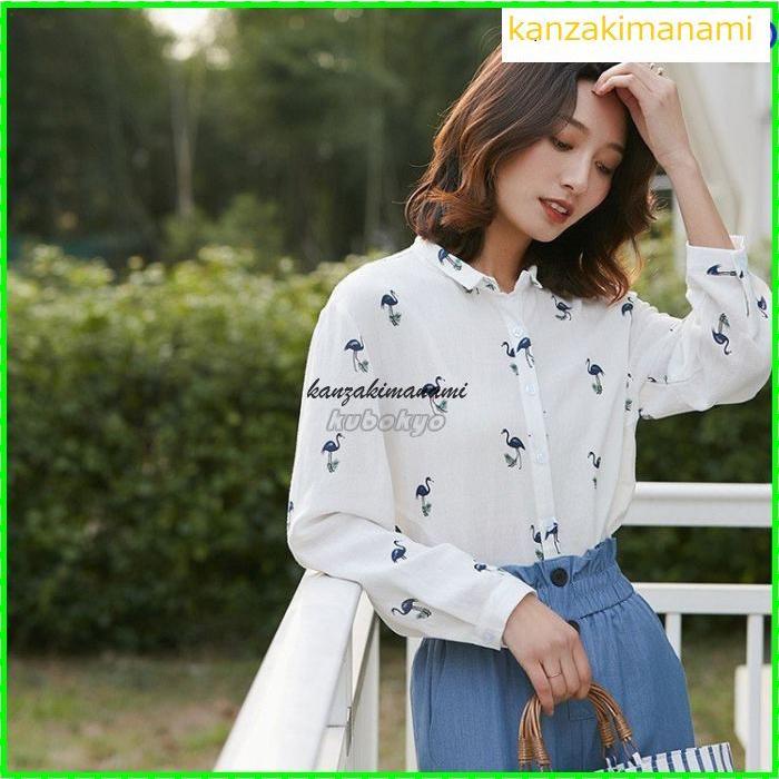 シャツ ブラウス レデイース 春 白シャツ トップス 立ち襟 長袖 春シャツ 鶴柄 可愛い おしゃれ ゆったり 着痩せ 通勤 通学 オフィス 上品 大人 代 30代 40代 Qaolyhfd Superopticas Com