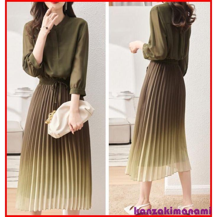 プリーツ ワンピース 5分袖 シフォン 春 夏 レディース マキシワンピース ロング丈 きれいめ フレア 店 通勤 結婚式 美脚 エレガント コーデ 着痩せ ゆったり 膝丈