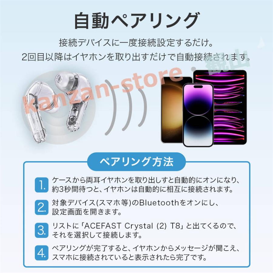 ブランド ワイヤレスイヤホン iPhone Mac Sony Bluetooth 5.3 ノイズリダクション かわいい クリア スケルトン 両耳 片耳｜kanzan-store｜15