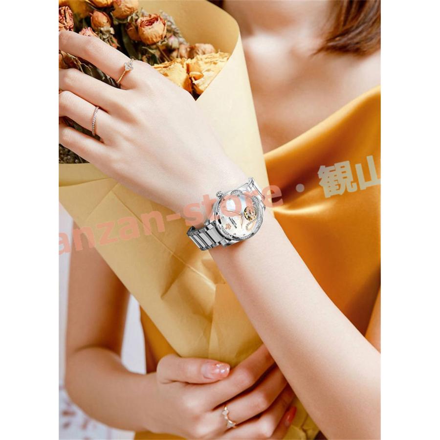 腕時計 レディース 4色あり 自動巻き ラインストーン 蓄光針 生活防水