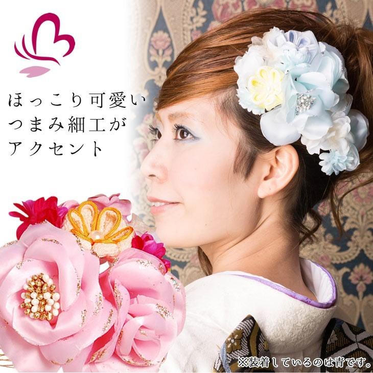 つまみ細工＆ローズ花髪飾り 203915p かんざし2点セット ピンク 桃色 