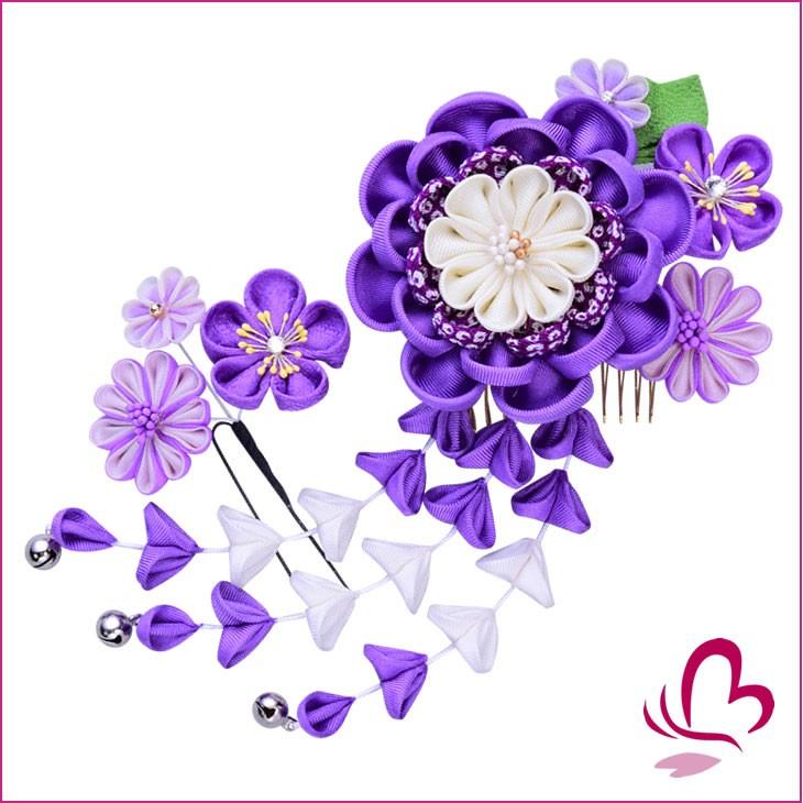 七五三 髪飾り 2点セット コーム つまみ細工 かんざし 紫 正絹 ちりめん 753 女の子 3歳 7歳