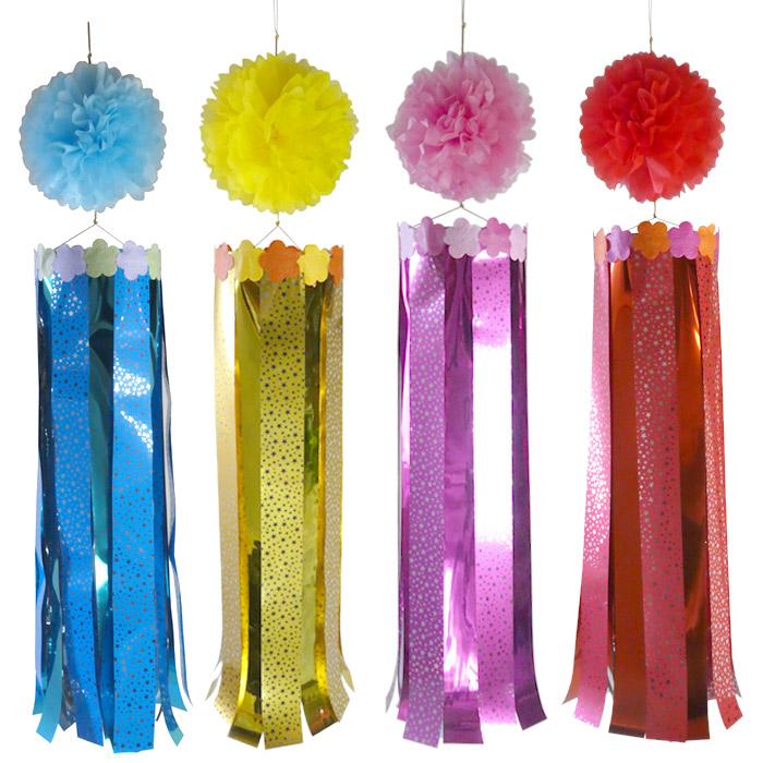 フラワーくす玉吹流し 80cm 1本 赤・桃・黄・水色 【七夕飾り