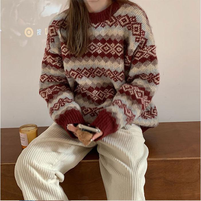 ニット セーター ノルディック柄 長袖 レディース トップス 秋服 楽天市場 冬服 かわいい 柄プリント 暖かい カジュアル シンプル ゆるニット ゆったり